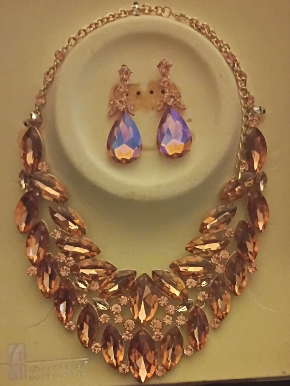 Rose-Tone Crystal Statement Necklace with Matching Drop Earrings